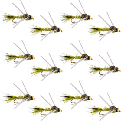 Premium Tungsten Bead Head Rubber Legs Olive Gold-Ribbed Hare's Ear Nymph - 12 Pack Size 14 - Korvel
