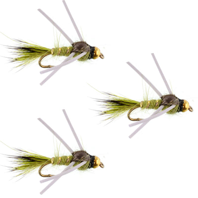 3-Pack Tungsten Bead Head Rubber Legged Olive Gold-Ribbed Hare's Ear Nymphs - Size 16 - Korvel