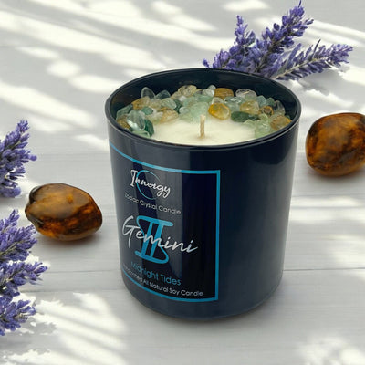 Gemini Crystal Candle with Green Fluorite, Citrine & Aventurine | 9oz Coconut-Soy Wax - Korvel