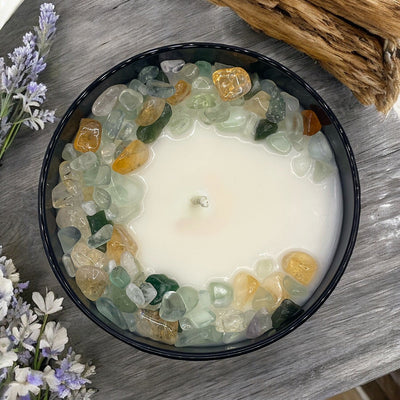 Energizing Midnight Tides Crystal Candle with Fluorite, Citrine & Aventurine | 9oz Coconut-Soy Wax - Korvel