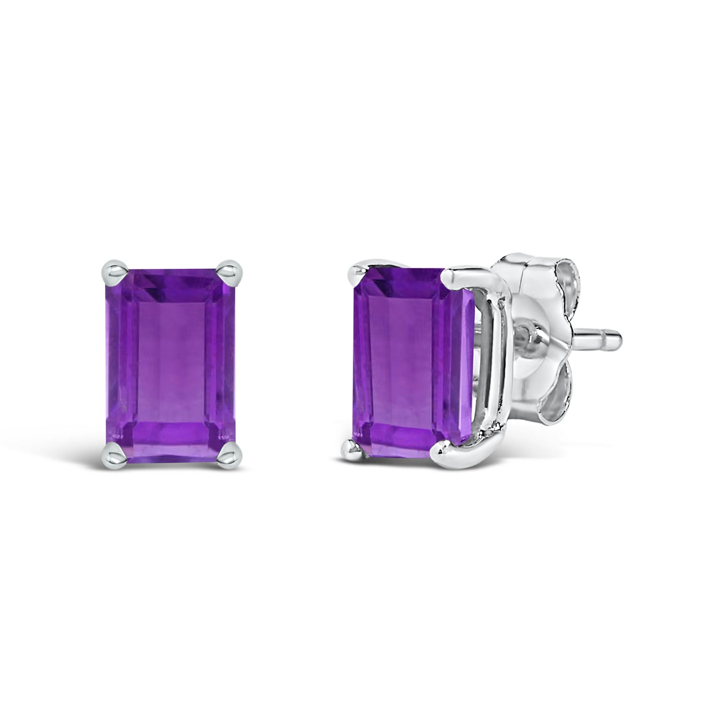 14K White Gold Emerald Cut Amethyst Stud Earrings