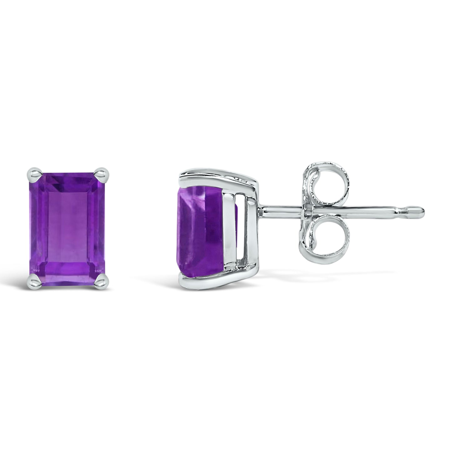 14K White Gold Emerald Cut Amethyst Stud Earrings