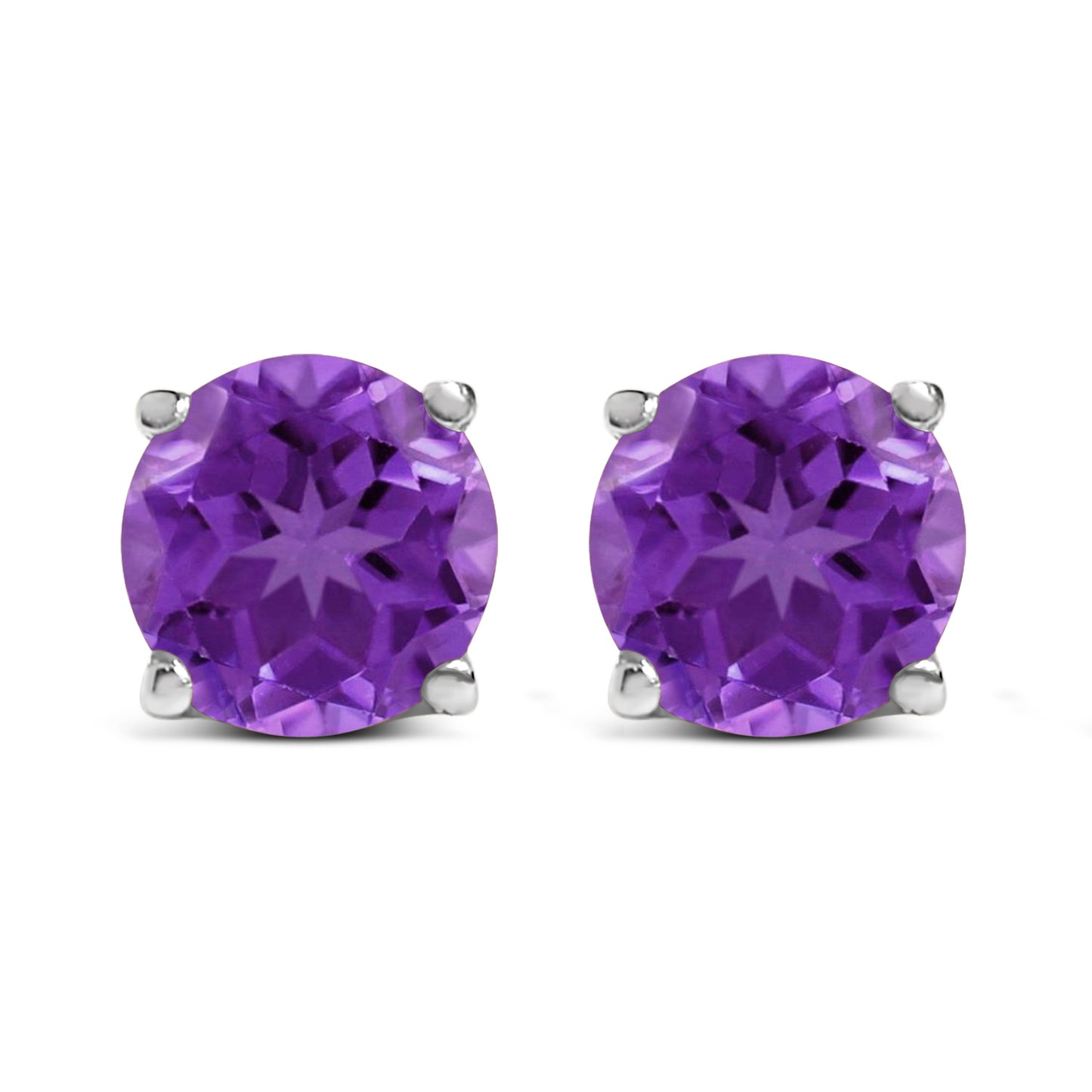 Pendientes de Stud de Amatista Púrpura Redonda de Oro Blanco de 14K