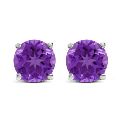Pendientes de Stud de Amatista Púrpura Redonda de Oro Blanco de 14K
