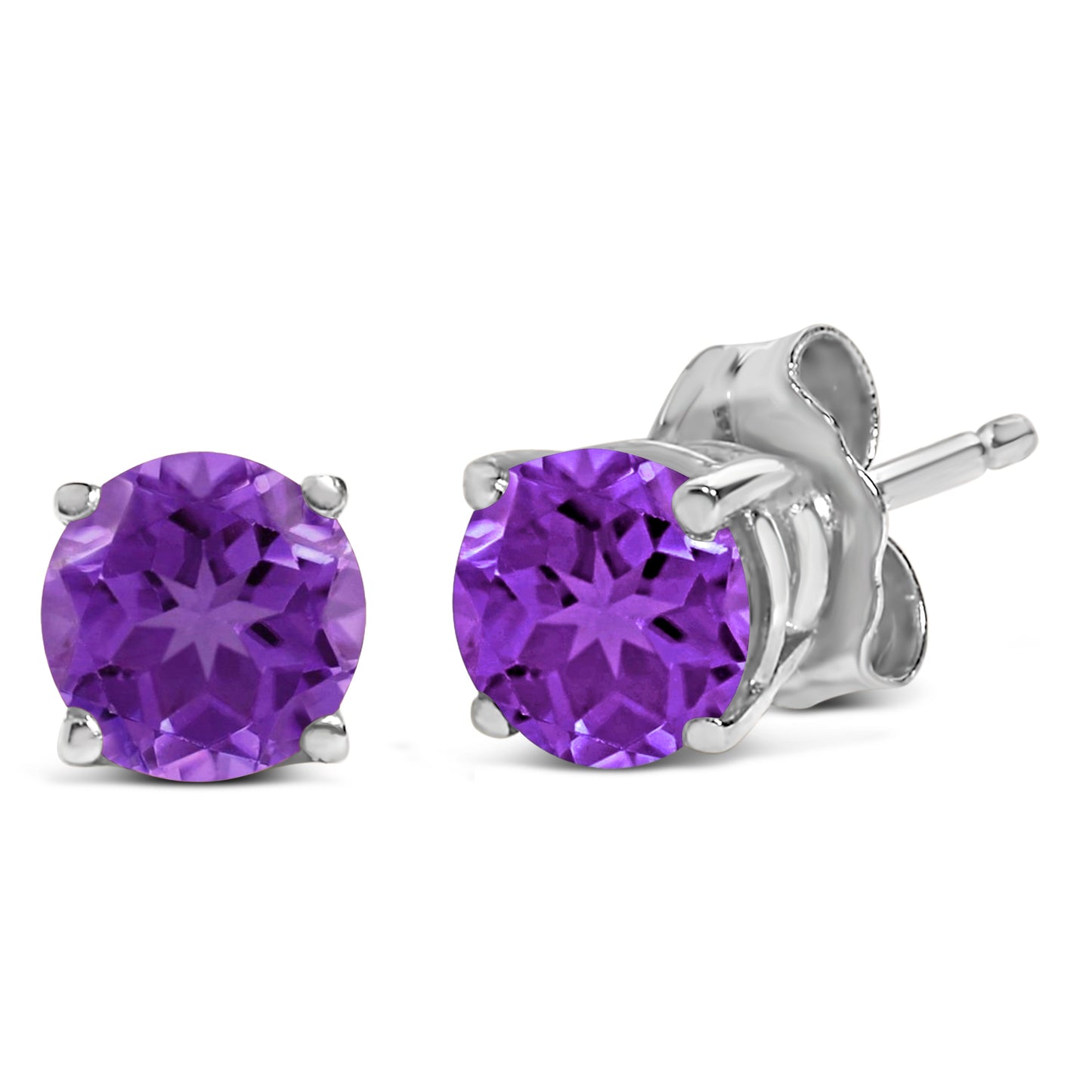Pendientes de Stud de Amatista Púrpura Redonda de Oro Blanco de 14K