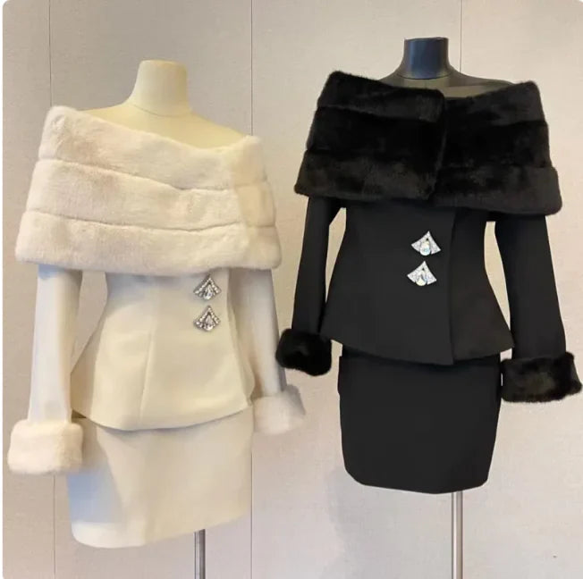 Ensemble manteau en fausse fourrure et jupe à épaules dénudées