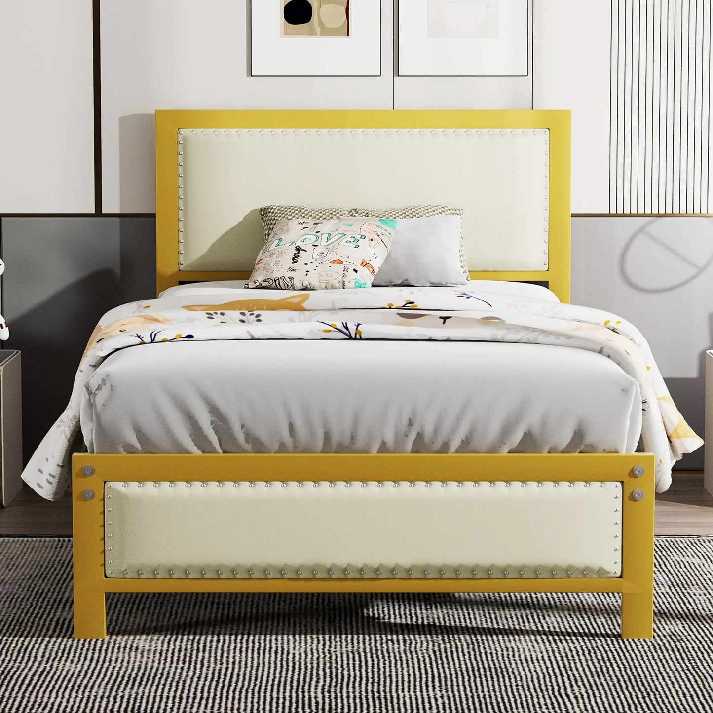 VECELO Twin Size Upholstered Platform Bed Frame with Headboard