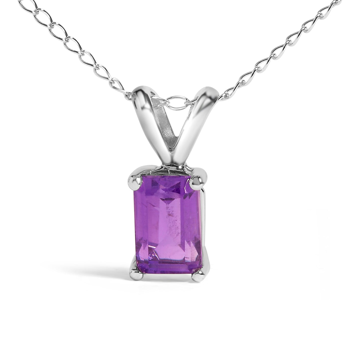 14K White Gold Emerald Cut Purple Amethyst Pendant Necklace
