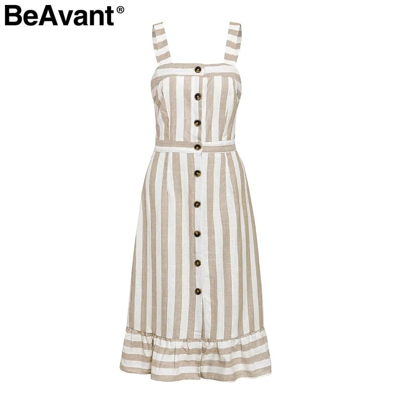 Vestido Midi de Lino y Algodón a Rayas BeAvant para Mujeres