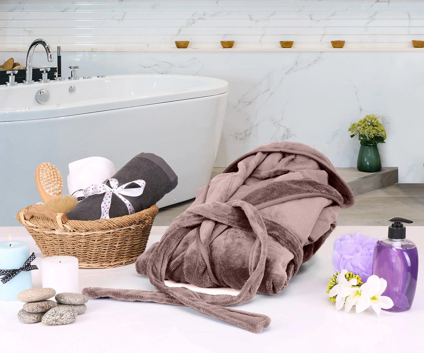 Bata de baño con capucha de felpa para mujer de NY Threads - Taupe