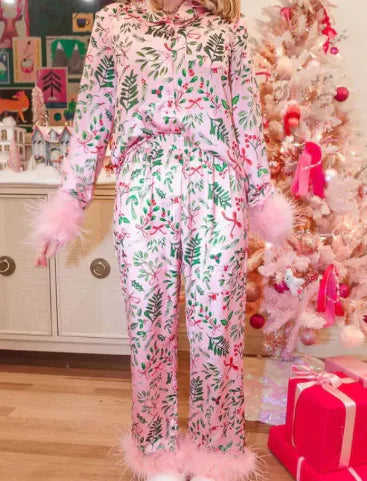 Christmas Satin Printed Long Sleeve Pajama Suit