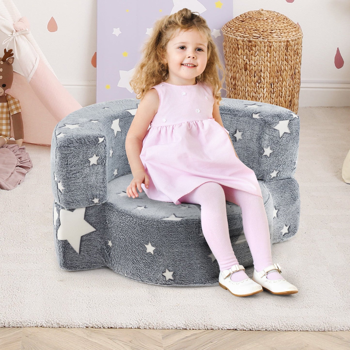 Sofá Infantil Convertible 2 en 1 que Brilla en la Oscuridad - Gris