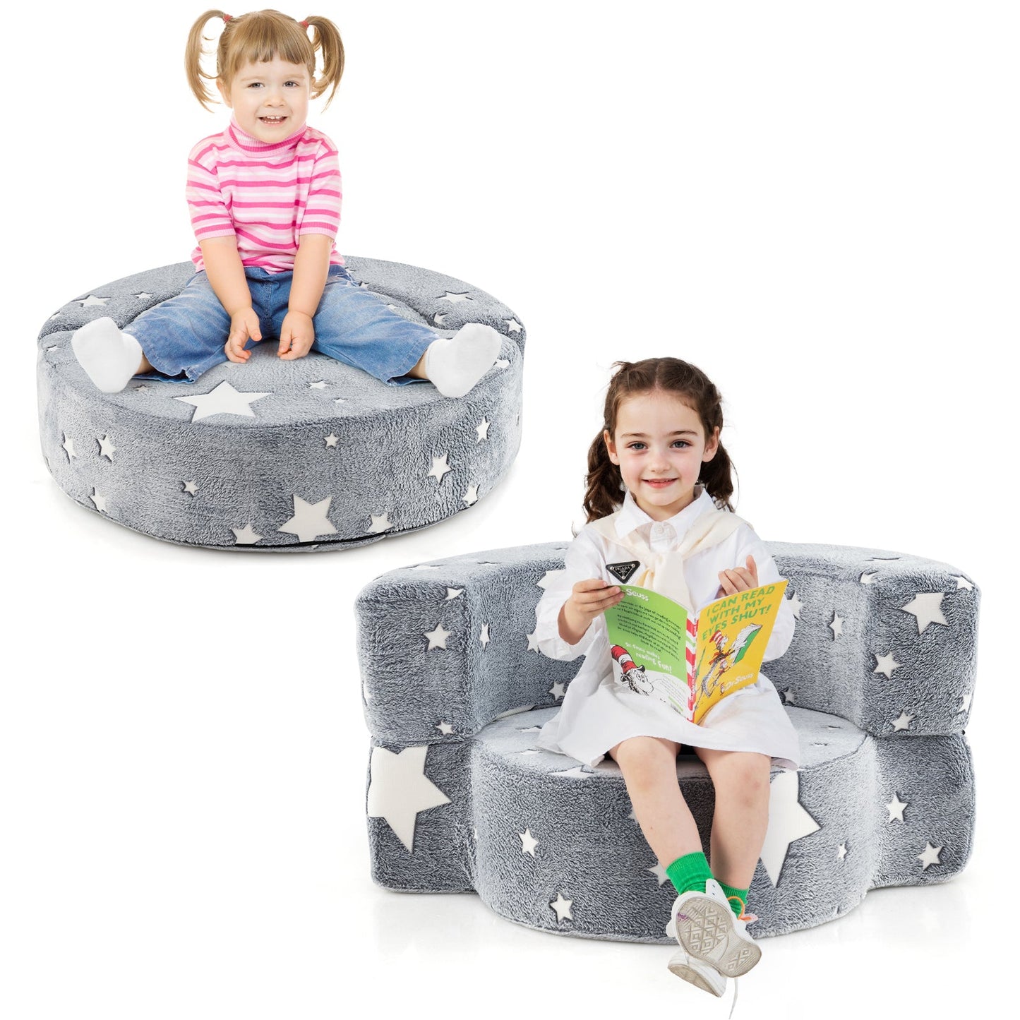Sofá Infantil Convertible 2 en 1 que Brilla en la Oscuridad - Gris