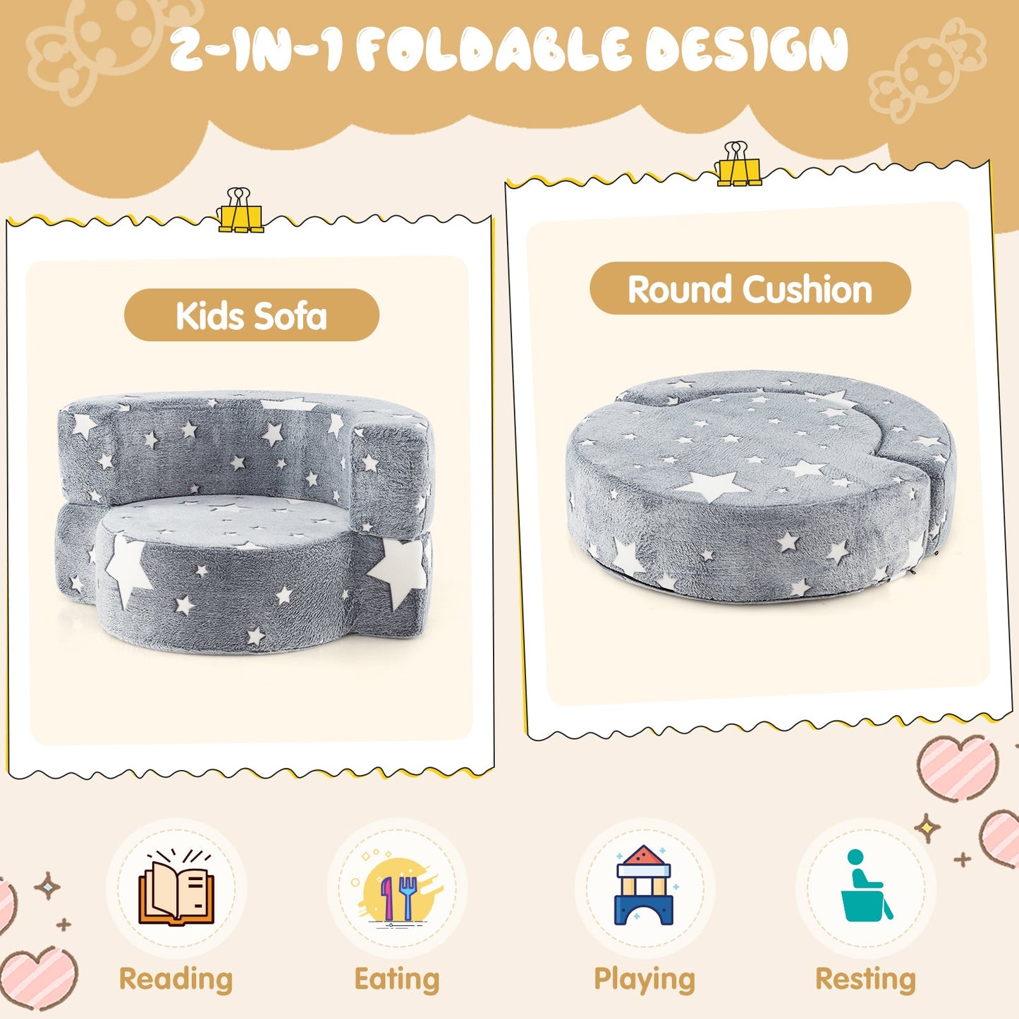 Sofá Infantil Convertible 2 en 1 que Brilla en la Oscuridad - Gris