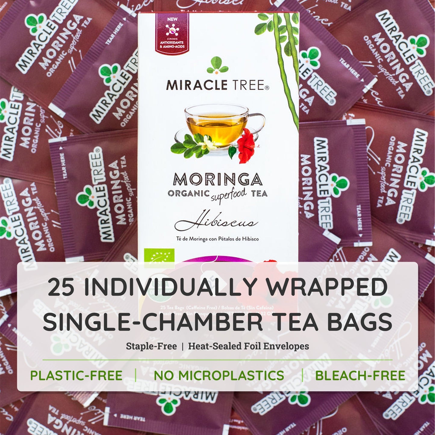 Thé biologique de Moringa et d'Hibiscus - 25 sachets emballés