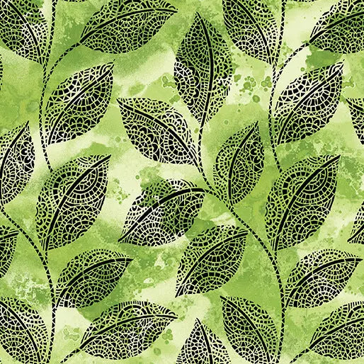Tissu en coton Lime avec motifs de feuilles mosaïques - 44"/45" par yard