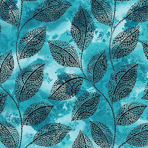 Tissu en coton turquoise à motifs de feuilles mosaïques au mètre