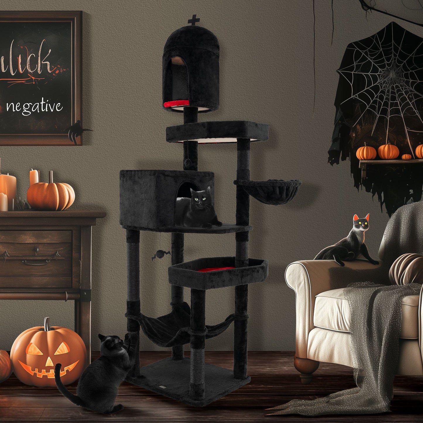 Gothic Cat Tree with 2 Cat Condos and Coffin Bed - Black