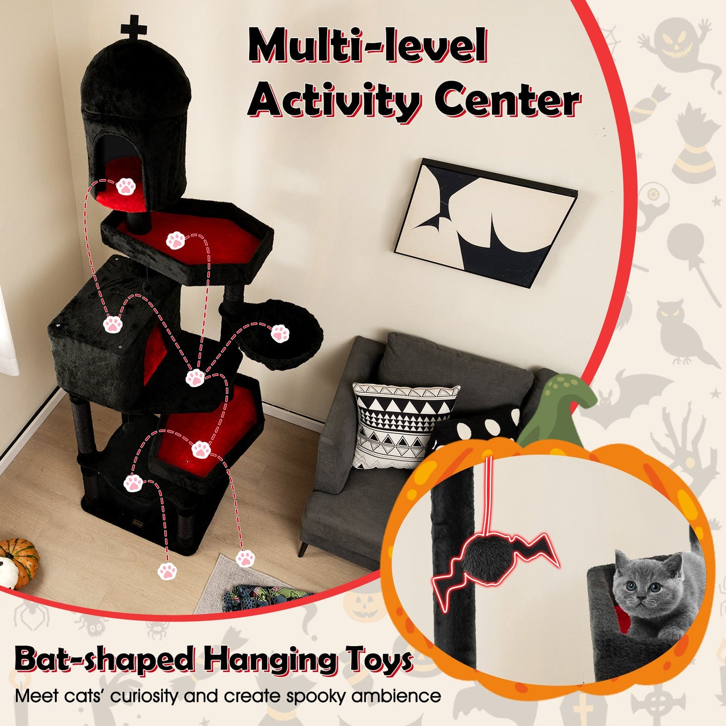 Gothic Cat Tree with 2 Cat Condos and Coffin Bed - Black