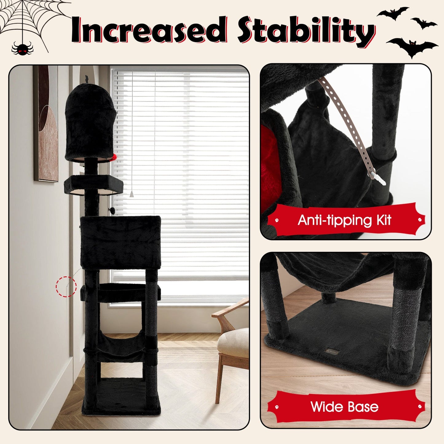Gothic Cat Tree with 2 Cat Condos and Coffin Bed - Black