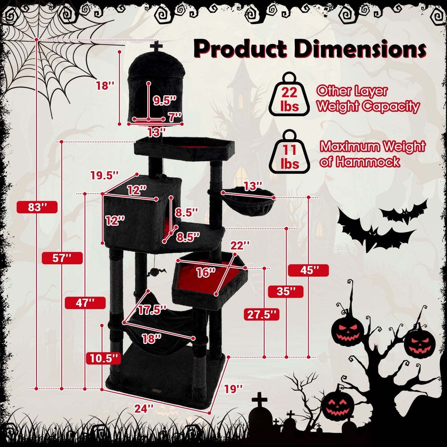 Gothic Cat Tree with 2 Cat Condos and Coffin Bed - Black