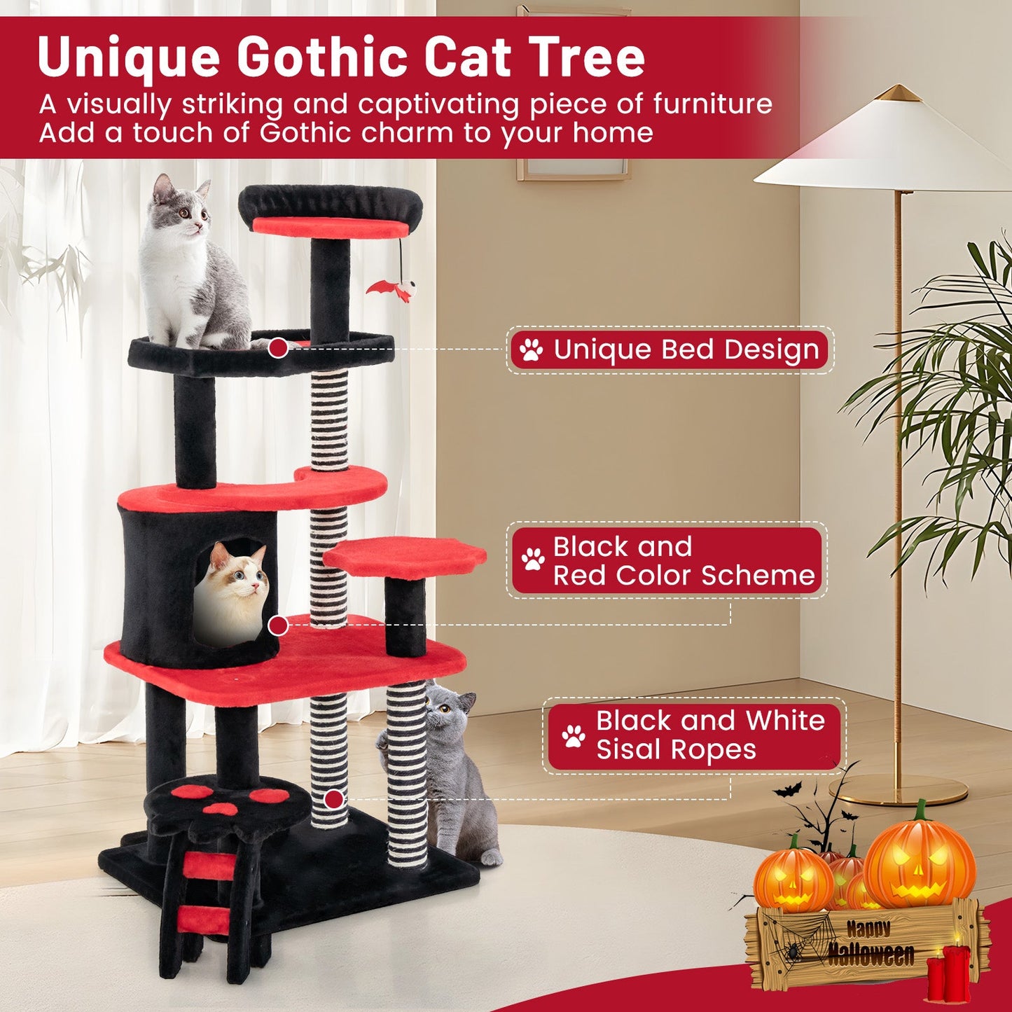 Árbol Gótico para Gatos con Cama, Condominio y Poste Rascador - Negro y Rojo