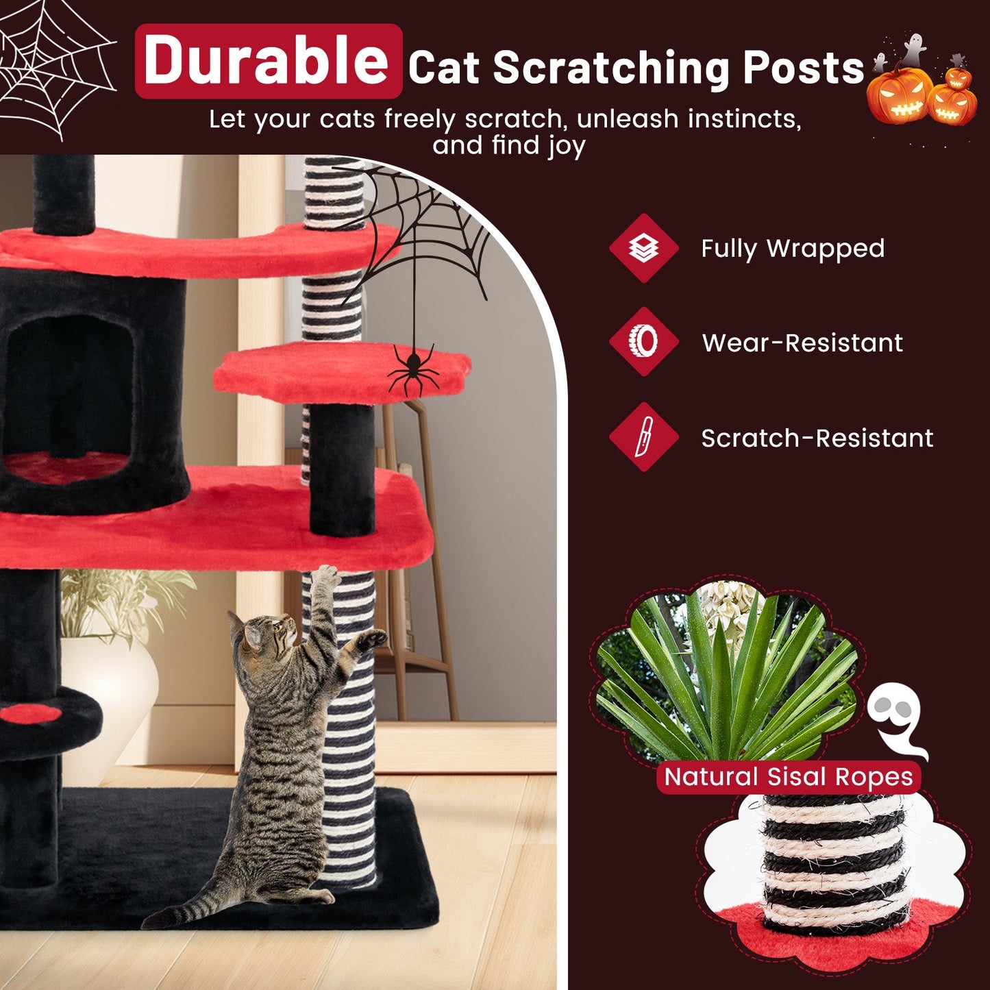 Árbol Gótico para Gatos con Cama, Condominio y Poste Rascador - Negro y Rojo