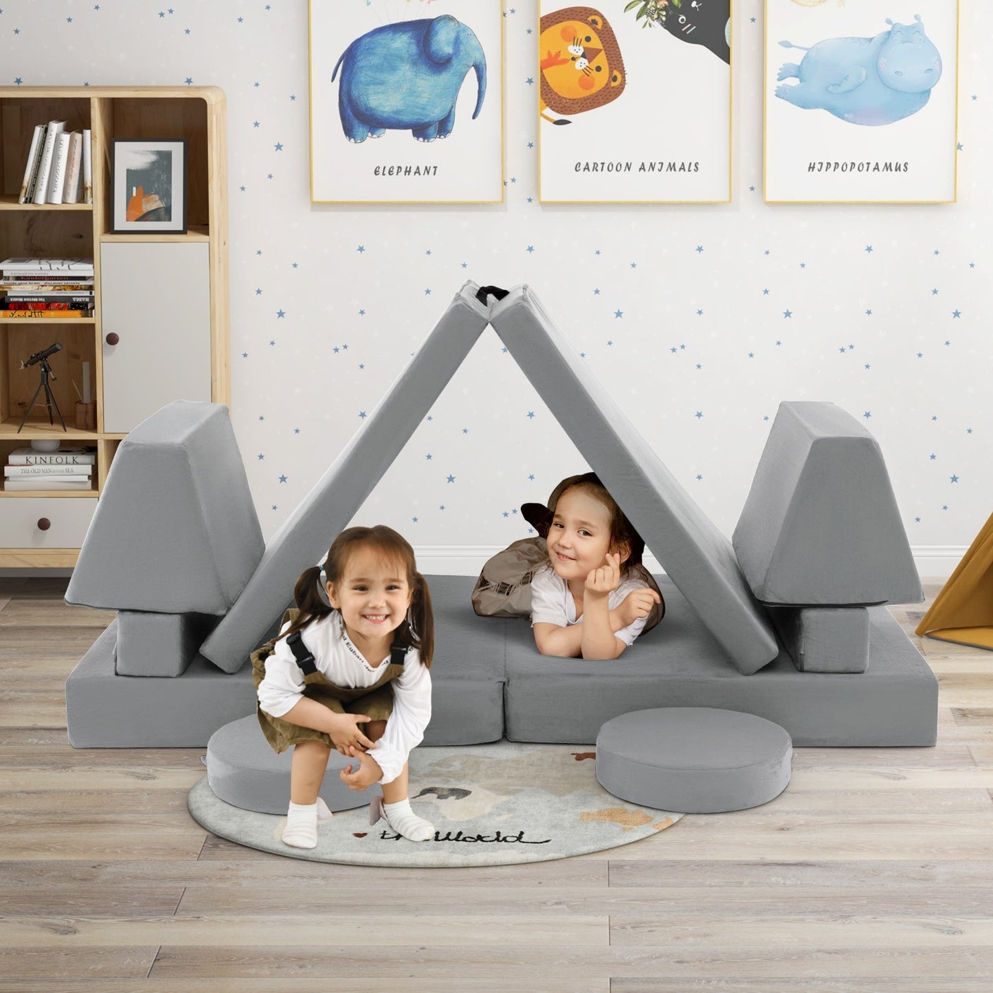 Canapé de jeu pour enfants en 10 pièces avec poignée portable - Gris