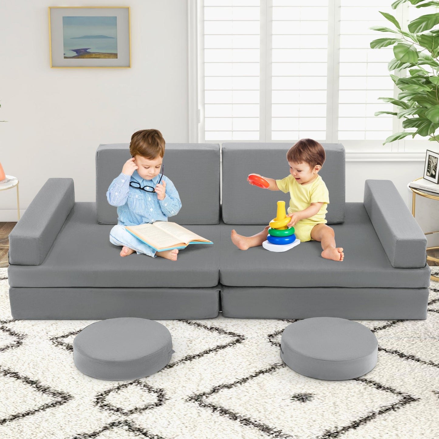 Canapé de jeu pour enfants en 10 pièces avec poignée portable - Gris