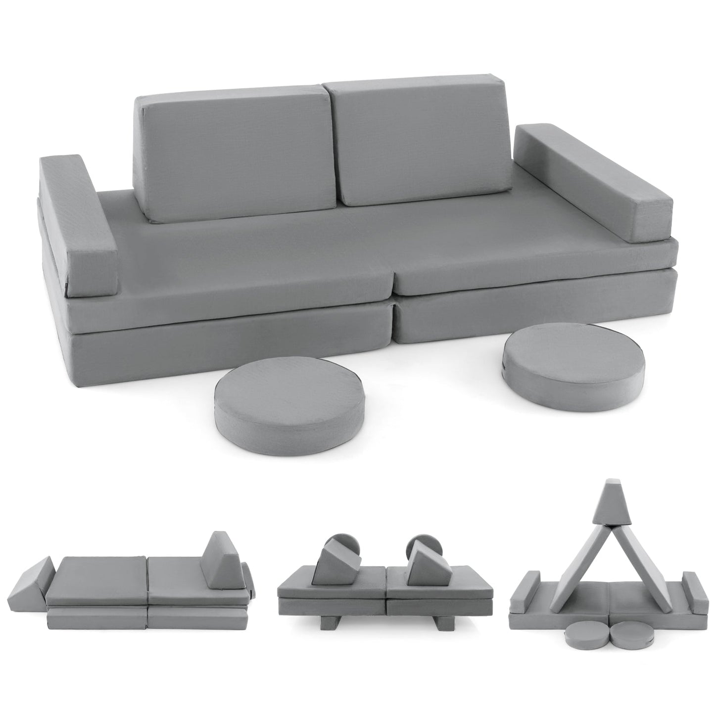 Canapé de jeu pour enfants en 10 pièces avec poignée portable - Gris