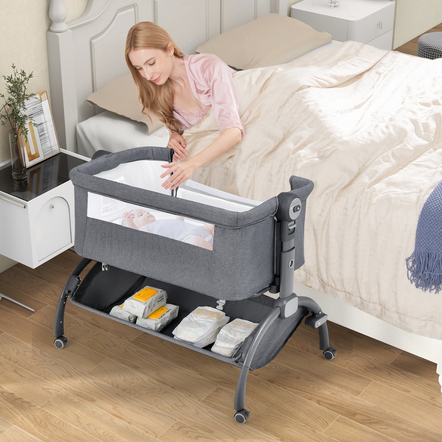 Berceau 3-en-1 pour bébé avec design à double verrouillage - Gris