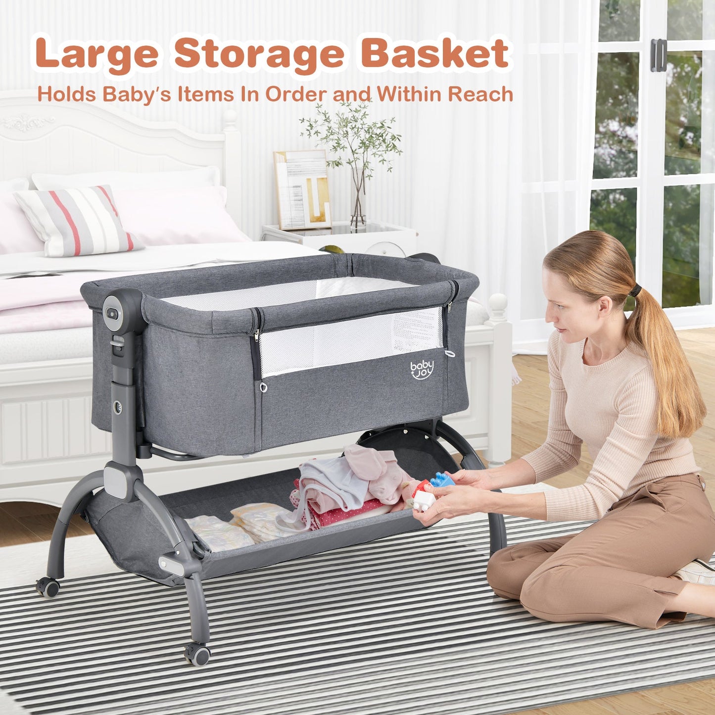 Berceau 3-en-1 pour bébé avec design à double verrouillage - Gris