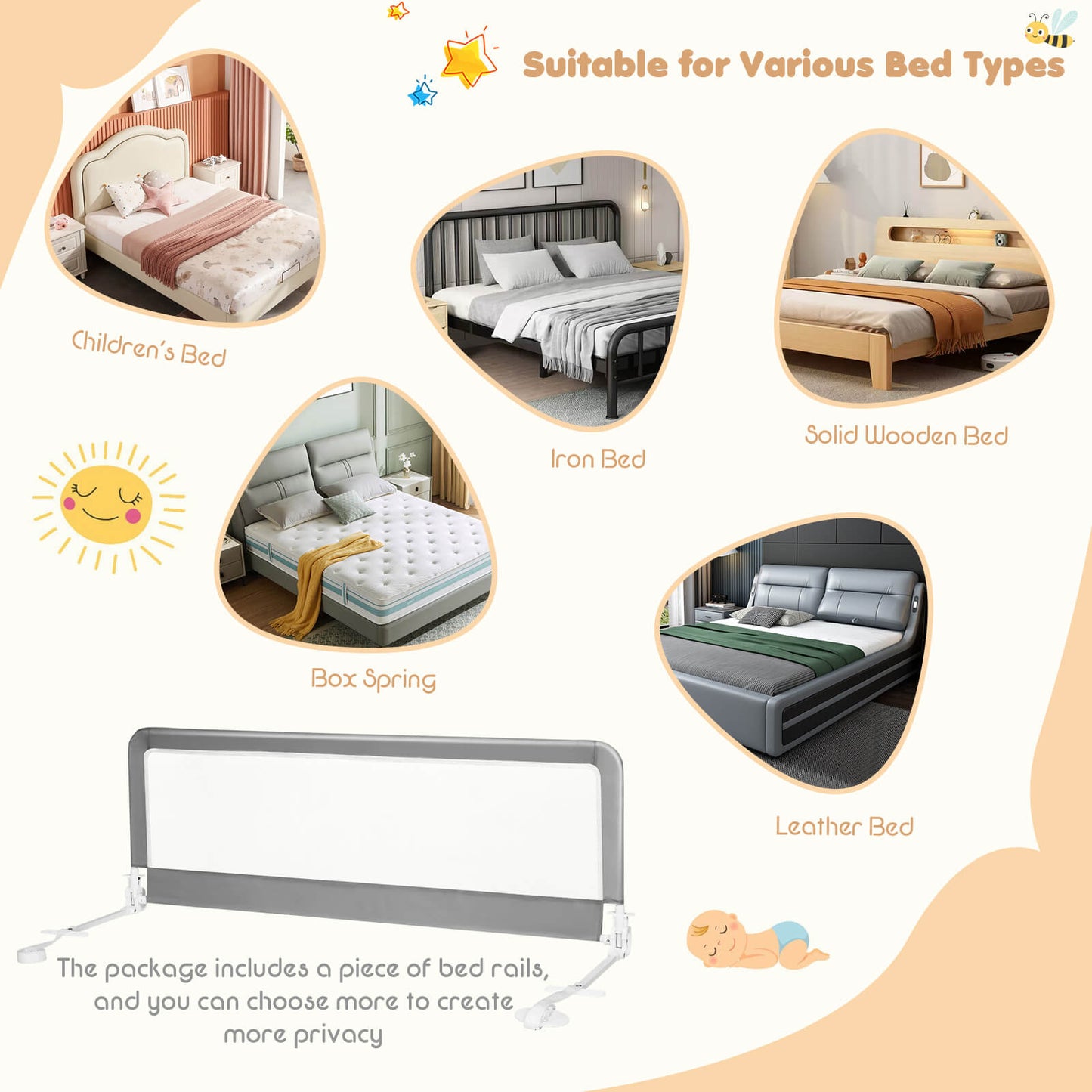 59 Inch Folding Baby Bed Rail Guard - Gray