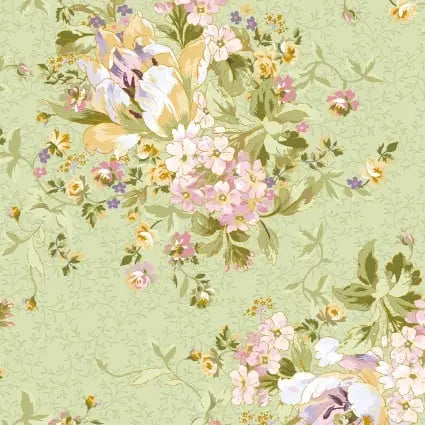 Tela de Algodón Verde Hermoso Ramo - 44"/45" por Yarda