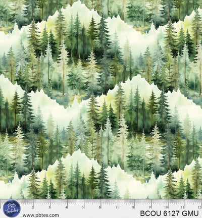 Tela de algodón de Bigfoot Country con paisaje montañoso en verde multi