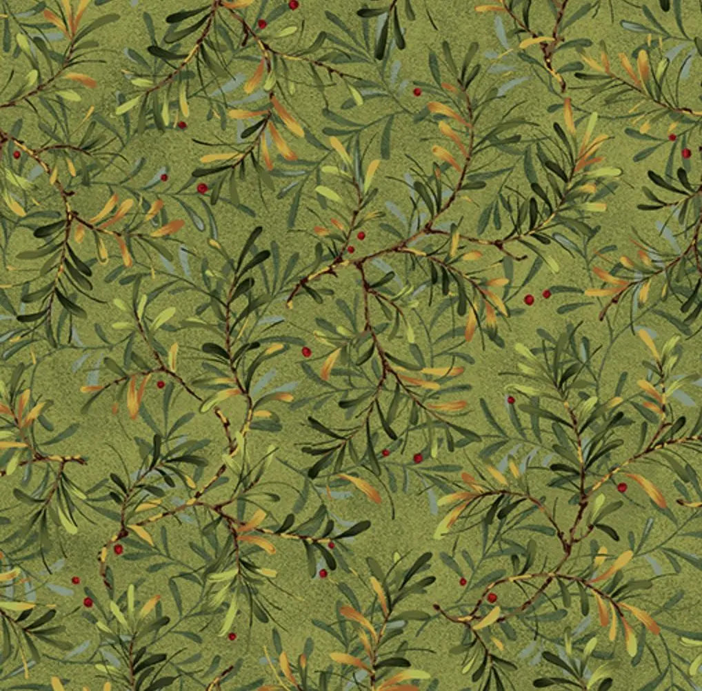 Green Pine Boughs Moss Cotton Wideback Fabric