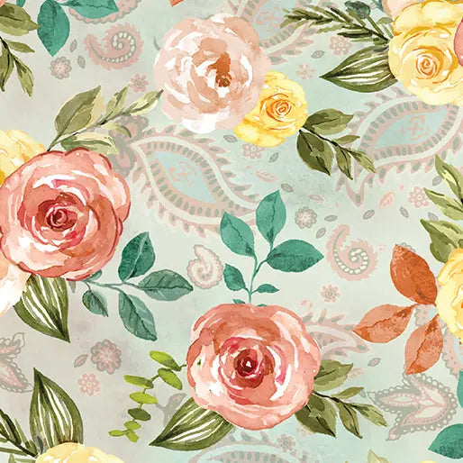 Green Seafoam Country Time Roses Cotton Wideback Fabric