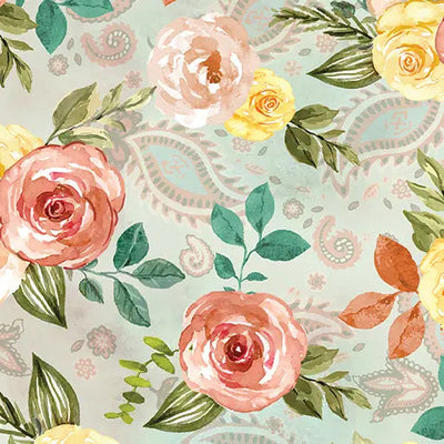 Green Seafoam Country Time Roses Cotton Wideback Fabric