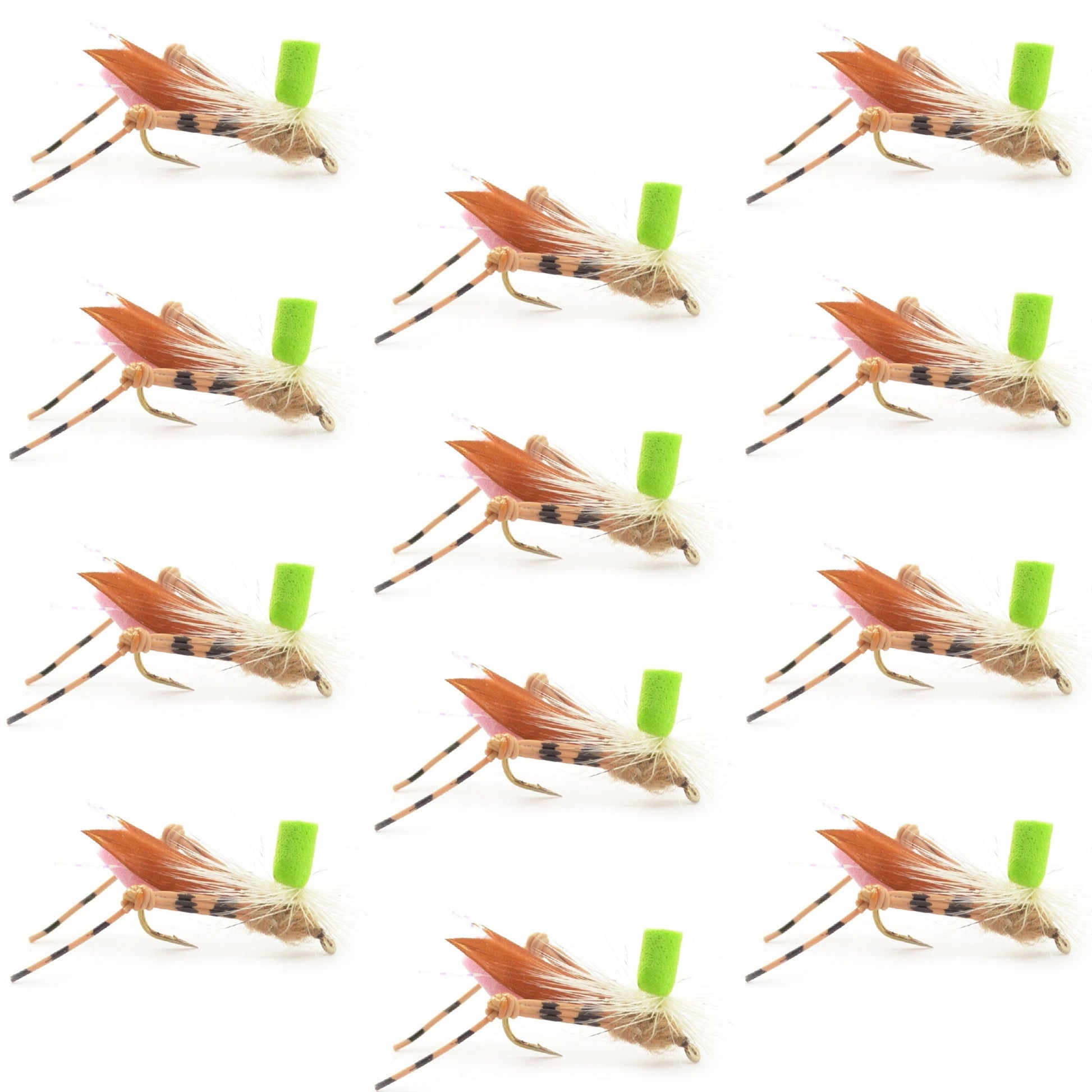Premium Green Hopper Foam Body Grasshopper Flies - 12 Pack, Size 10 - Korvel