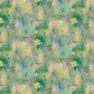 Tela de Algodón Campo de Flores Silvestres Verdes - 44"/45" por Yarda