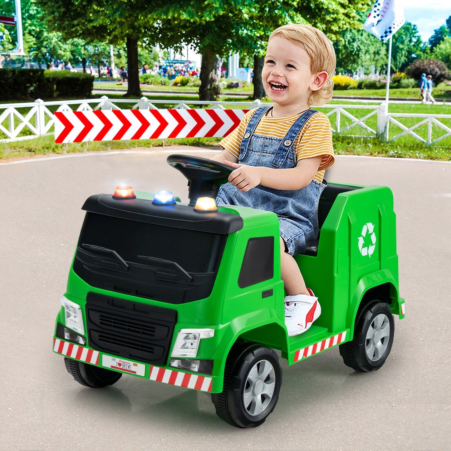 12V Kids Ride-on Garbage Truck with Recycling Accessories - Green