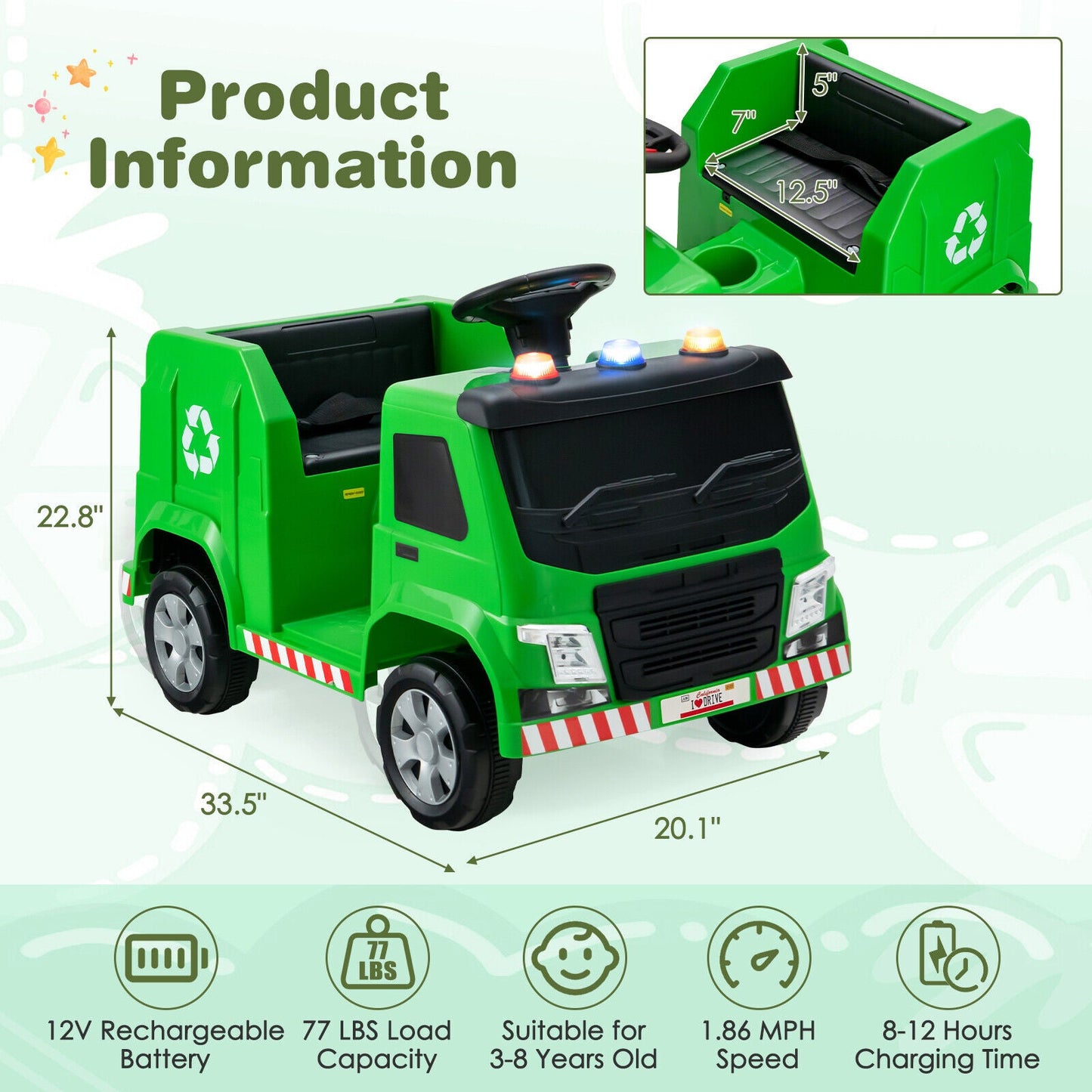 12V Kids Ride-on Garbage Truck with Recycling Accessories - Green