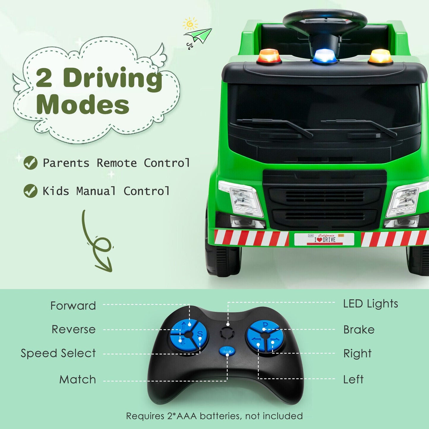 12V Kids Ride-on Garbage Truck with Recycling Accessories - Green