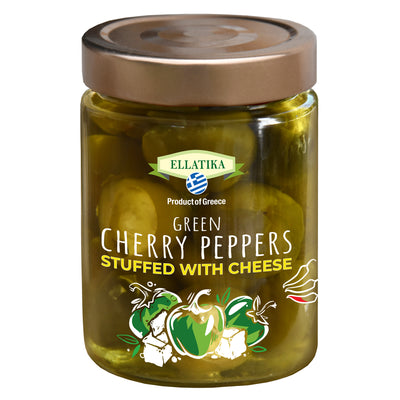 ELLATIKA Cheese-Stuffed Green Cherry Peppers – in Sunflower Oil – 11.28 oz Glass Jar