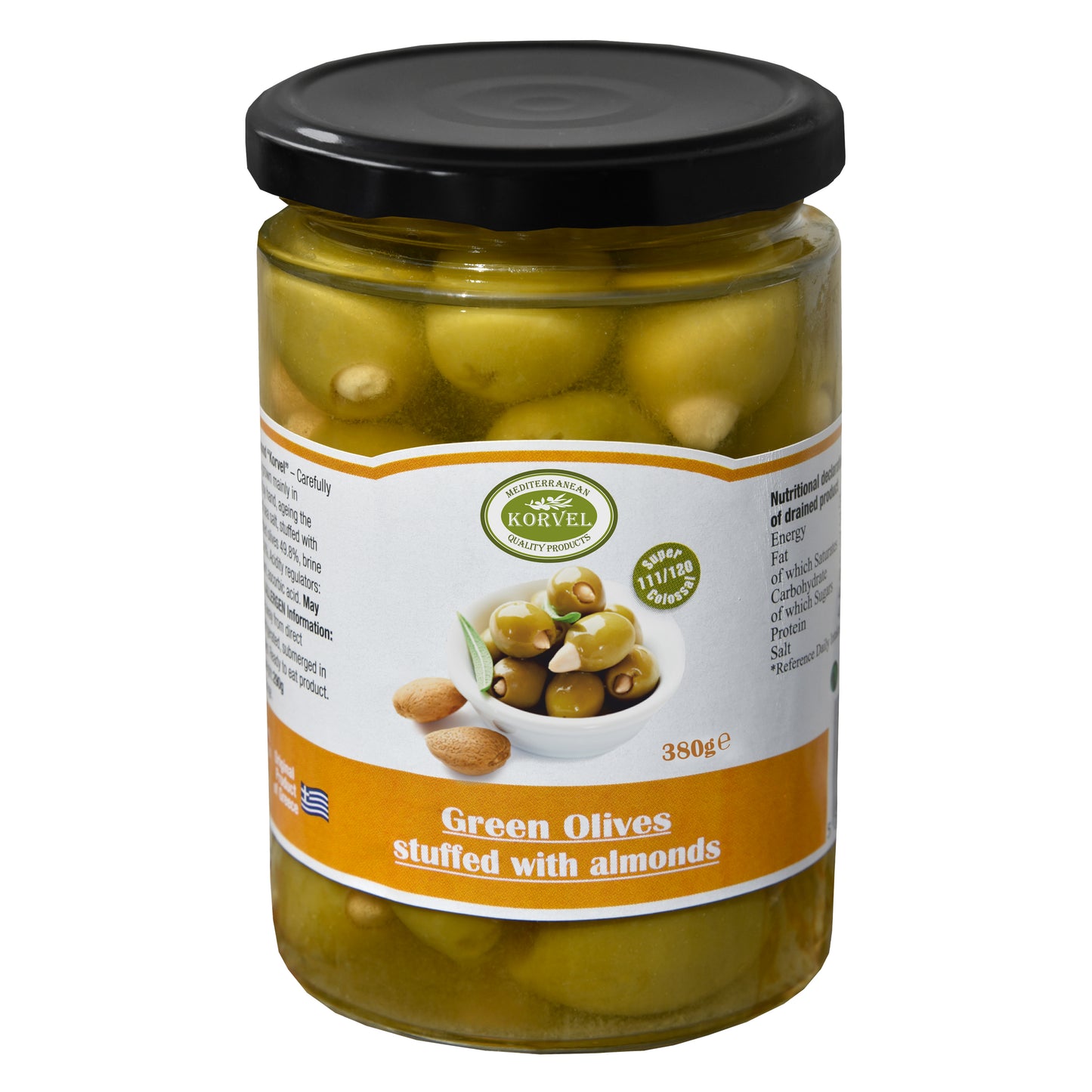 KORVEL Greek Green Almond-Stuffed Halkidiki Olives – Super Colossal – 13.4 oz Jar