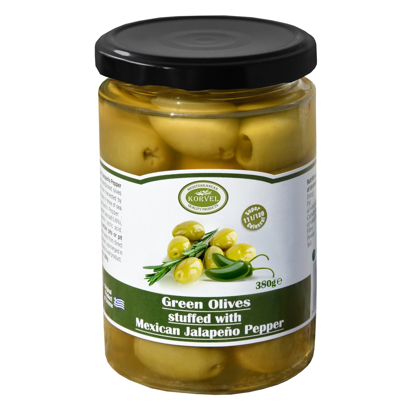 KORVEL Greek Green Jalapeño-Stuffed Halkidiki Olives – Super Colossal – 13.4 oz Jar