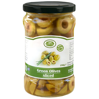 KORVEL Greek Green Sliced Halkidiki Olives – Super Colossal – 10.65 oz Glass Jar