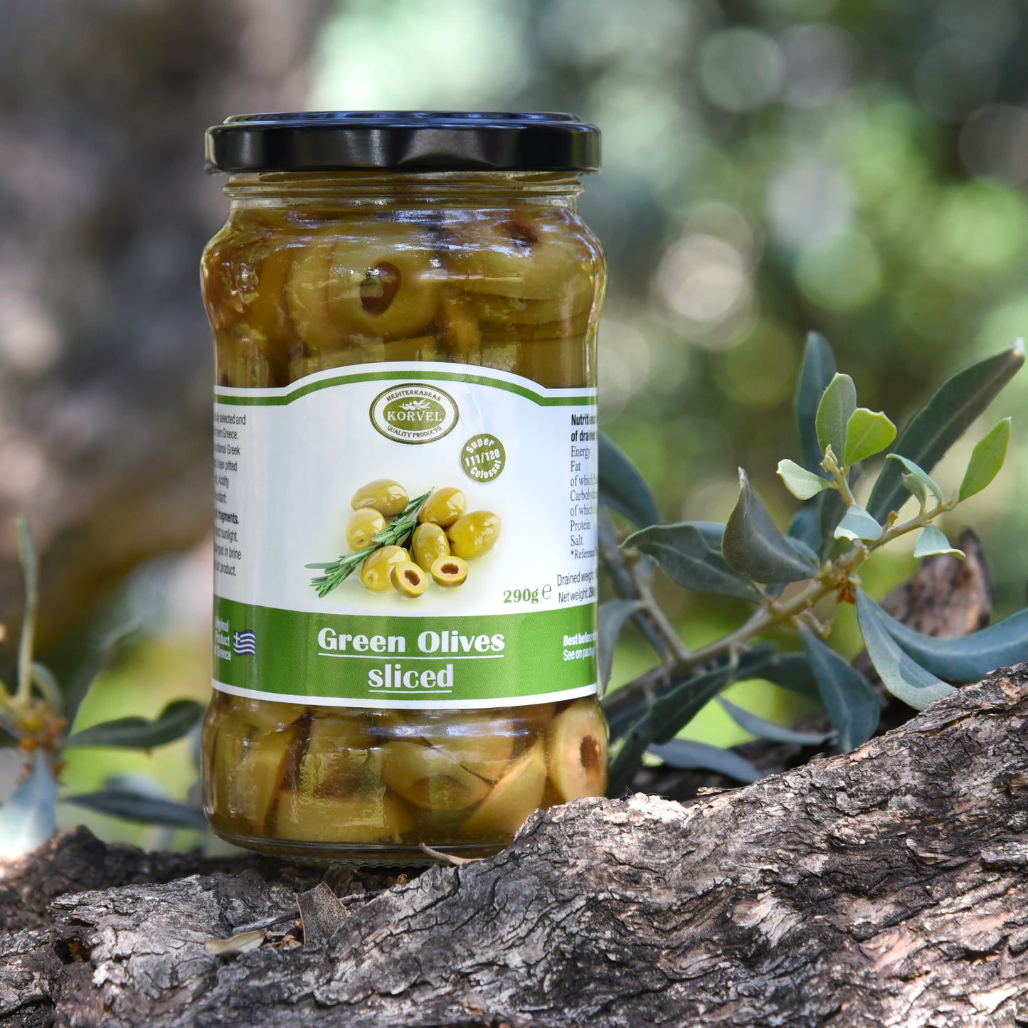 KORVEL Greek Green Sliced Halkidiki Olives – Super Colossal – 10.65 oz Glass Jar