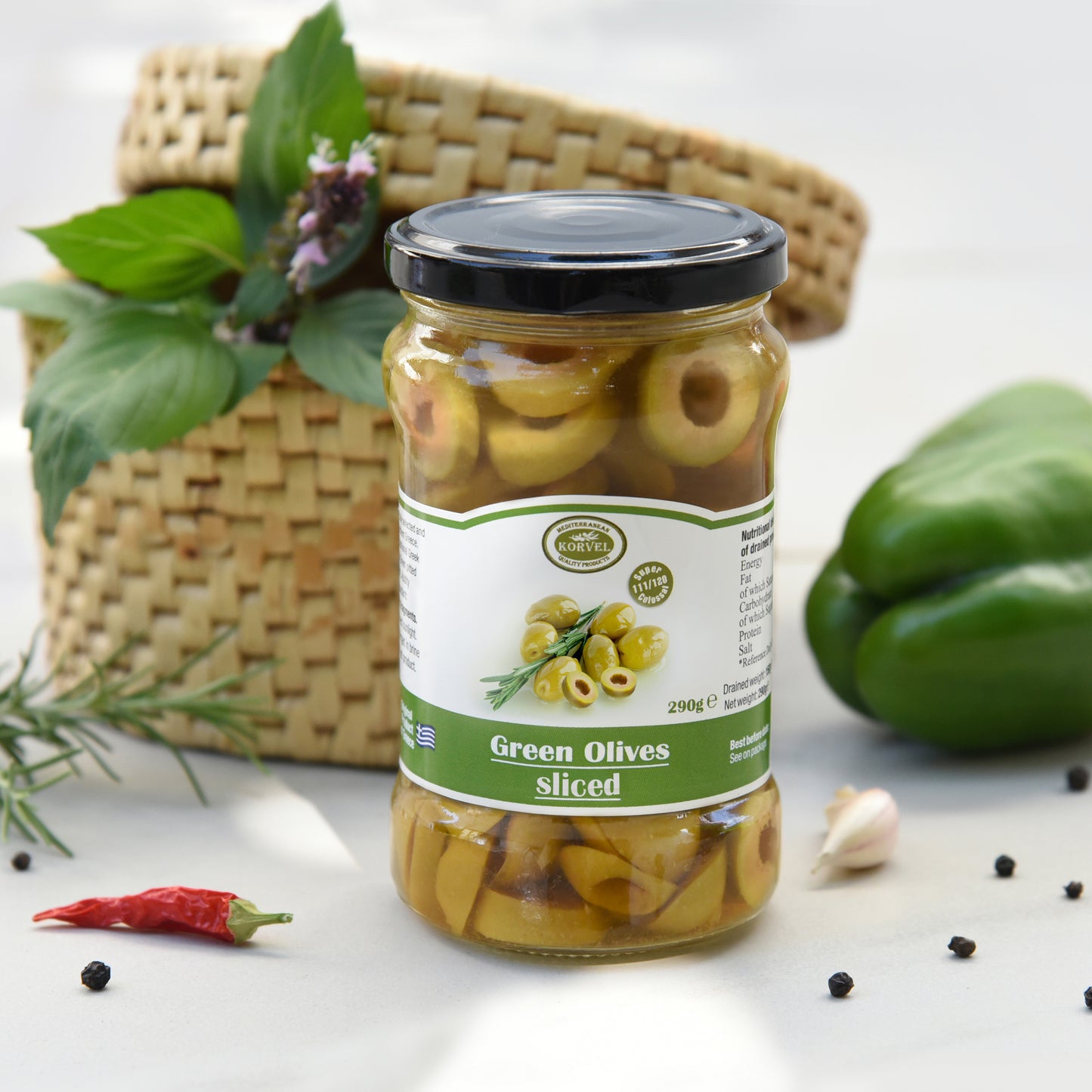 KORVEL Greek Green Sliced Halkidiki Olives – Super Colossal – 10.65 oz Glass Jar