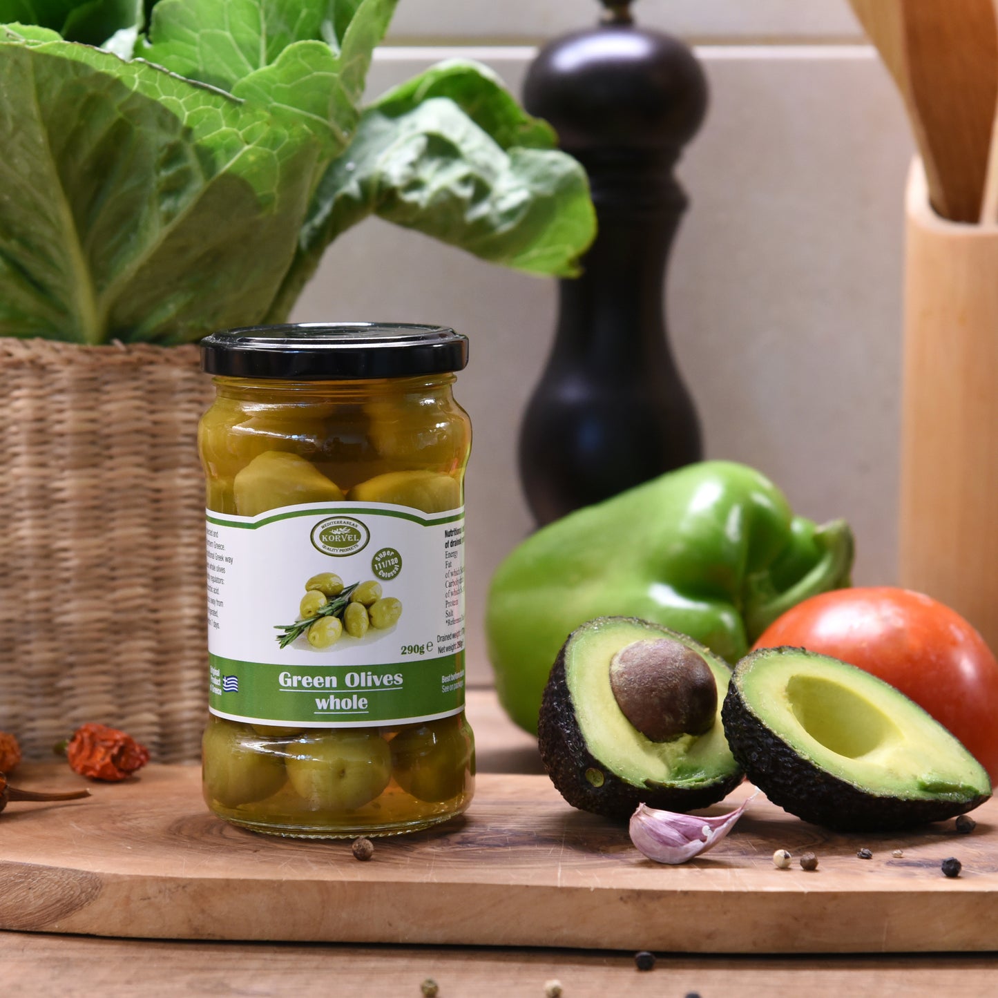 KORVEL Greek Green Whole Halkidiki Olives – Super Colossal – 10.65 oz Glass Jar